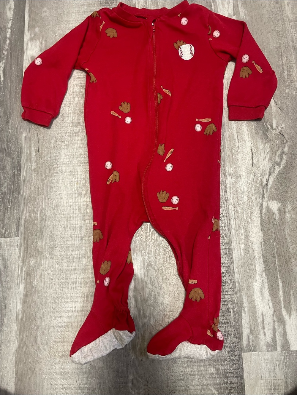 Red Pekkle Baseball-Print Footed One-Piece f